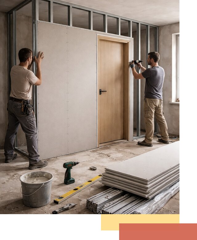 Перегородка из гипсокартона с дверью под ключ в Одинцово