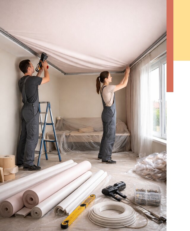 Монтаж цветного натяжного потолка в Одинцово от 4350 руб/м² — быстро и недорого | ОТДЕЛОЧНИК-Днц