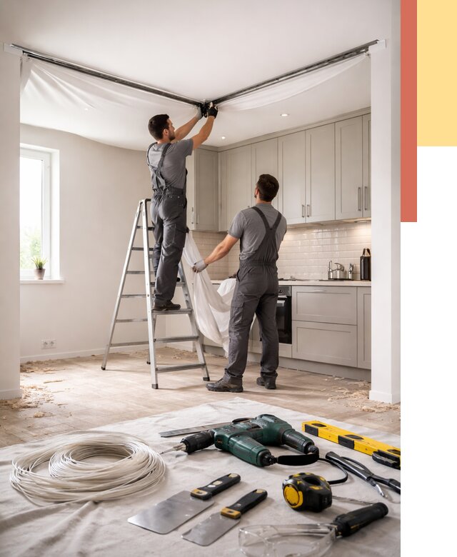 Установка натяжного потолка на кухне в Одинцово от 2485 руб. | ОТДЕЛОЧНИК-Днц