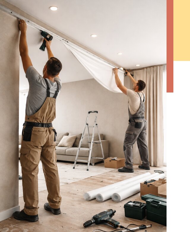 Монтаж натяжного потолка в гостиной в Одинцово от 570 руб. | ОТДЕЛОЧНИК-Днц