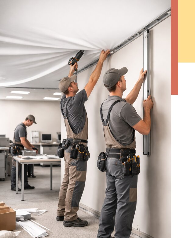 Монтаж натяжного потолка в офисе в Одинцово от 466 руб/м² — быстро и недорого | ОТДЕЛОЧНИК-Днц