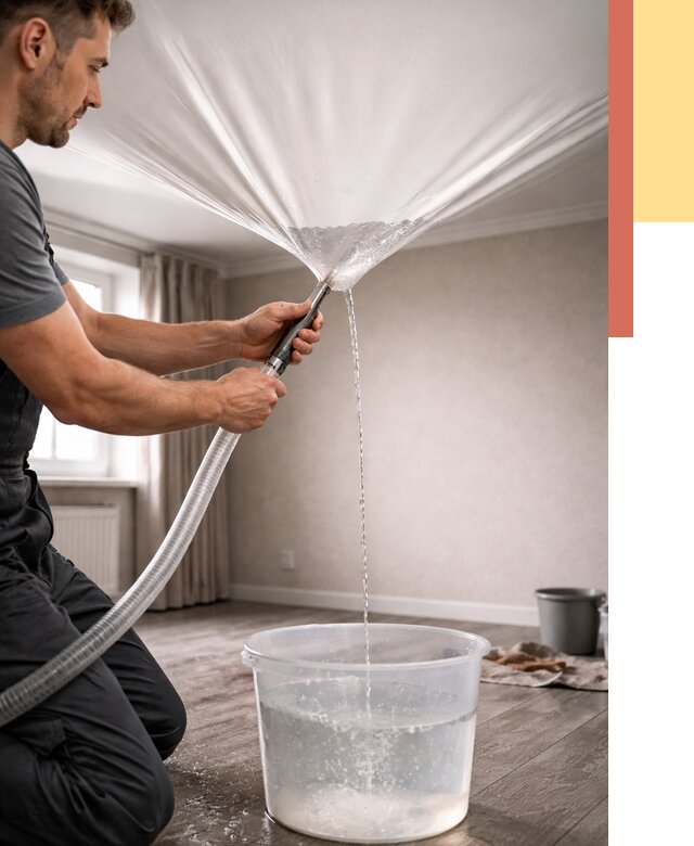 Слив воды с натяжного потолка в Одинцово от 2589 руб. быстро и недорого | ОТДЕЛОЧНИК-Днц