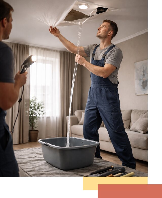 Слив воды с натяжного потолка в Одинцово быстро и аккуратно