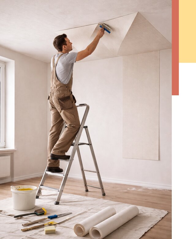 Поклейка обоев на потолок в Одинцово от 4660 руб. быстро и недорого | ОТДЕЛОЧНИК-Днц